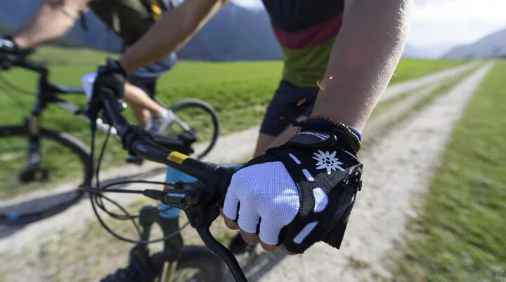Zwei Personen fahren mit ihren Mountainbikes durch die Natur. Im Hintergrund die Berge. | © DAV/Wolfgang Ehn